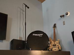 lot 4270 image: Assorted Lot W Fender Starcaster Bass Drum Head, Electric Guitar, and JBL Subwoofer