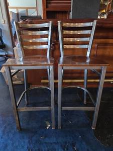 lot 4304 image: Commercial Metal Bar Stools with Wood Seats - Set of 2