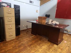 lot 4315 image: Assorted Lot W Office Desk, Filing Cabinet, Shelving Unit, and More