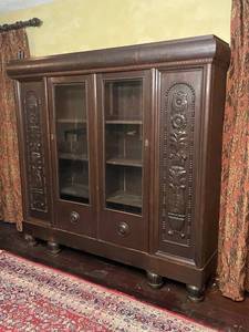 Antique carved wood Victorian style library bookcase 76 x 79 x 17 in
