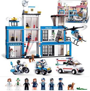 City Police Station Building Set, Headquarters Station, 4 Car Sets, Motorcycle, Police Helicopter, City Ambulance, Cop Patrol, 8 Police Minifigures, Compatible with Lego City 6-12 Boys Girls, 606 PCS