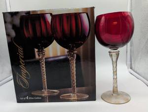 lot 99114 image: Ruby Red Wine Goblets with Twisted Gold Stem - Set of 4
