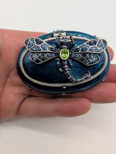 lot 99120 image: Decorative Blue Enamel Oval Trinket Box with Crystal Flower