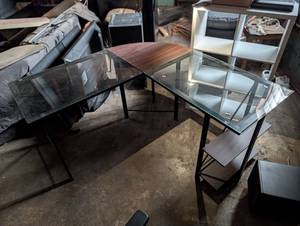 lot 99200 image: Modern Glass Top L Shaped Desk