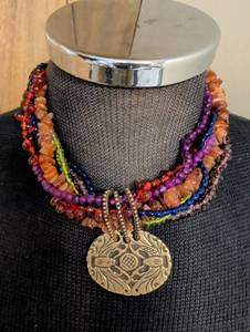 lot 99645 image: Multi-Strand Glass Bead Necklace with Bronze Medallion