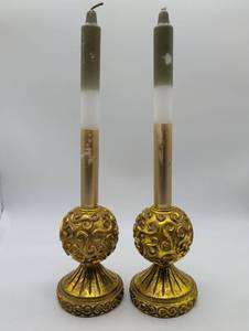 lot 99690 image: Decorative Gold Tone Scroll Pattern Candlestick Holders with Taper Candles - Pair