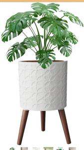 lot 3606 image: 10 Inch Planters Pot with Stand, Planter for Indoor Plants, Modern Large Flower Planter Pot with Drainage Holes for Outdoor,Matte White