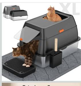 lot 3626 image: Stainless Steel Litter Box with Lid,Front Entry Top Exit Kitty LitterBox,Extra Large Enclosed Metal Cat Box with Litter Scoop & Litter Mat-Black