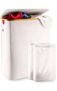 lot 3630 image: Laundry Basket with Lid, Made from Breathable Fabric  Aesthetic Clothes Hampers for Laundry with Side Handles & Sturdy Bamboo Frame