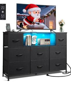 lot 3649 image: WLIVE Black Dresser TV Stand for 45, 50, 55 inch TV, Entertainment Center with LED Lights & Charging Station, Chest of Drawers with 8 Fabric Drawers and Open Shelves for Living Room, Hallway, Wood Top