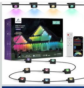 Retail $239 APPECK Permanent Outdoor Lights 300ft with 216 LED Lights, 108W Smart RGBW Eaves Lights, DC 36V, 40LM, IP67 Waterproof String Lights for Halloween Christmas Decor, Compatible with Alexa, Black