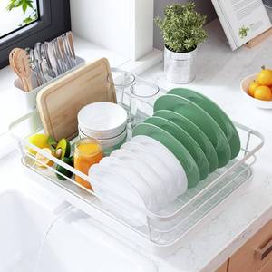 lot 3694 image: Kitsure Dish Drying Rack for Kitchen Counter, Stainless Steel Sink Organization and Storage Essentials with Cutlery Holder, Home and Appartment Decor, 12W x 15.5L, White