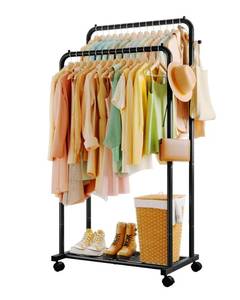 lot 3702 image: Sakugi Clothes Rack - Double Rods Clothing Rack with Mesh Shelf, Hooks & Wheels, Metal Clothing Racks for Hanging Clothes & Bags, Multifunctional Garment Rack for Laundry, Black, 28.7 x 16.5 x 59.1