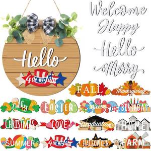 lot 3716 image: Burbell 20 Pieces Interchangeable Welcome Sign for All Seasons Seasonal Front Door Decor with 4 Pcs Sign and 15 Pcs Changeable Icons Farmhouse Front Porch Rustic Holiday Wooden Door Decor(Brown)