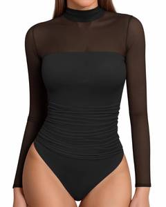 lot 3720 image: MANGOPOP Womens Mock Turtle Neck Bodysuit Mesh Long Sleeve Body Suit Sexy Ruched Sheer Going Out Tops, Long Sleeve Black, Medium