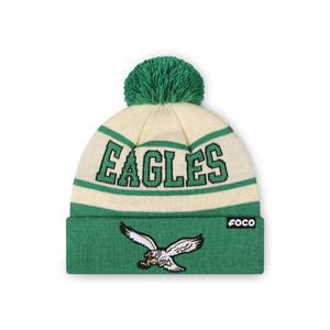 lot 3725 image: FOCO Philadelphia Eagles NFL Heritage Stripe Retro Logo Pom Beanie - Cream