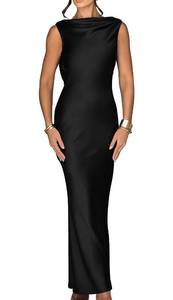 lot 3726 image: Memoriesea Womens Satin Elegant Sleeveless High Neck Tie Cocktail Party Maxi Dress Black