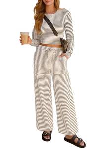 lot 3737 image: Lazysmile Lounge Sets For Women Casual Striped 2 Piece Outfits Long Sleeve Tops and Wide Leg Pants Loungewear Pajama Set