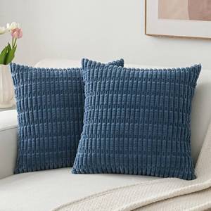 lot 3738 image: Volcanics Pack of 2 Corduroy Decorative-Throw-Pillow-Covers-18x18, Soft Striped Square Cushion Cases, Modern Farmhouse Boho Home Decor, Blue