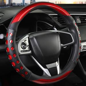 lot 3748 image: QCYP PU Leather Car Steering Wheel Cover with Anti-Slip Grip, for Women and Men, Universal Fit for 14.5-15 Inch Cars, Trucks, SUVs (Red (Round), Medium(Standard) Size14 12-15)