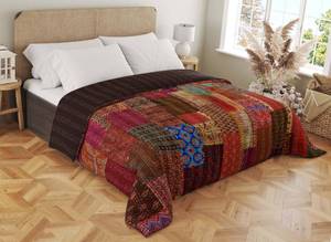lot 3752 image: Marubhumi Quilts Indian Handmade Indian Traditional Blankets, Reversible, Indian Silk Sari Patchwork Kantha Quilt, Comforter, Brown - Queen 90 x 108 Inches