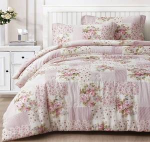 lot 3753 image: Chezmoi Collection Rosy 3-Piece Full Size Washed Cotton Comforter Set - Floral Bedding Set Ivory Green Pink Flower Polka Dot Printed Patchwork Reversible Lightweight Comforter for All Season