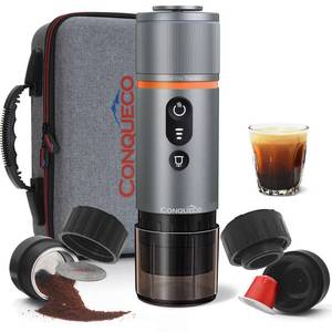 lot 3762 image: CONQUECO Portable Espresso Machine Travel 12v Car Coffee Maker with Battery for Camping - Small Electric - 2.5 Mins Heating - Set With Ground Coffee & NS Capsule & Handbag for RV, Hiking, Office