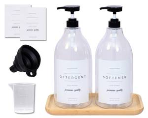 lot 3788 image: Laundry Detergent Dispenser - Fabric Softener Liquid Dispenser for Laundry Room - 64oz Plastic Soap Dispenser, Waterproof Labels, Collapsible Funnel, Extra Labels, Measuring Cup&Bamboo Tray - Set of 2