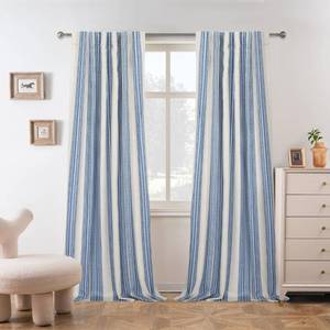 lot 3845 image: DriftAway Chris Linen Blackout Curtains with Thermal and Sound Reducing Layer 84 Inches Long for Bedroom Striped Printed Drapes Thermal Insulated Lined Window Treatment for Living Room Linen Jean Navy