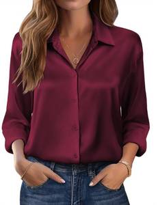 lot 3853 image: Zeagoo Long Sleeve Tops for Women Satin Silk Blouses V Neck Button Down Shirts Wine Red
