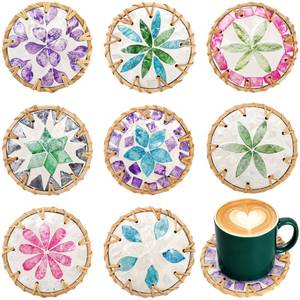 lot 3878 image: Covzoe 8 Pack Rattan Coasters, 4 Inch Boho Woven Wicker Coasters with Mother of Pearl, Heat Resistant Handmade Placemats for Drinks, Table Protectors for Coffee Table, Housewarming Gift
