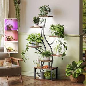 lot 3917 image: PRAISUN 51.3 Inch Plant Stand with Grow Light, 6 Tiered Indoor Plant Shelf with Larger Flower Holder, Pine-Shaped Stand, 3 Light Modes, Open Base, Corner Plant Rack for Living Room, Rustic Brown