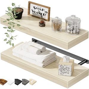 lot 3918 image: QEEIG Bathroom Floating Shelves for Wall - 15.7 Wall Mounted Shelf Over Toilet Farmhouse Home Decor Display Bookshelf Small 15.7 x 6.7 inch Set of 2, Natural Light Brown (008-40N)