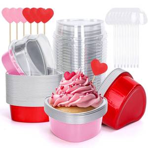 lot 3929 image: FYSUIMU 100Pcs Valentine s Day Heart Shaped Cake Pans Red Pink Disposable Mini Aluminium Foil Baking Cups with Lids Spoons Cupcake Topper for Wedding Mother s Day Birthday