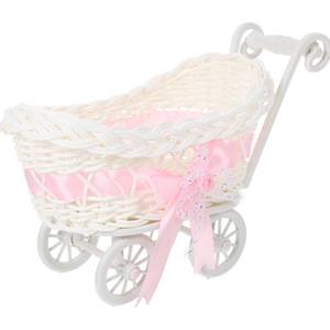 lot 3933 image: STOBOK Mini Wicker Stroller Decoration Rattan Doll Carriage Woven Candy Basket Centerpiece Decor for Baby Shower Party Favors - Pink