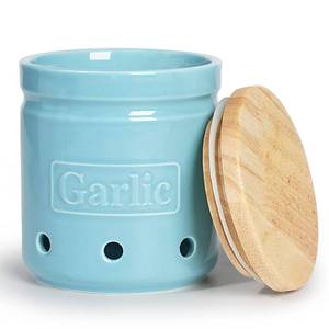 lot 3946 image: ONTUBE Garlic Keeper with Wooden Lid, 4.5-Inch Ceramic Garlic Holder Storage, Garlic Container for Kitchen, Garlic Saver to Keep Your Garlic Cloves Fresh Longe 24 oz, Turquoise
