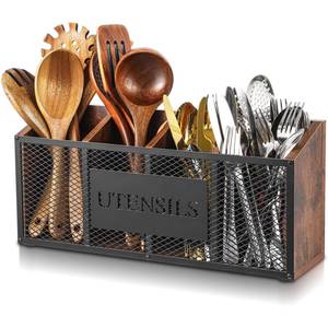 lot 3950 image: Yalikop Extra Large Kitchen Utensil Holder Wooden with 4 Compartments, Utensil Organizer for Countertop, Cooking Silverware Storage for Rustic Kitchen Countertop Holder Farmhouse Cooking Container