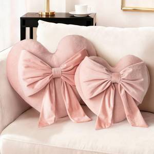 lot 3976 image: AELS Heart Shaped Pillow with Bow, Set of 2, 16.5 Inches Heart Decorative Throw Pillows, Cute Valentines Day Decorations, Wedding Decor, Living Room Bedroom Nursery Decor, Pink