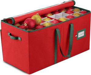 lot 3977 image: ZOBER Large Christmas Ornament Storage Box - Stores 128 3 Ornaments, With Dividers - Ornament Organizer Storage Box, Durable Christmas Containers Holder - Extra Pockets, Dual Zipper - Red