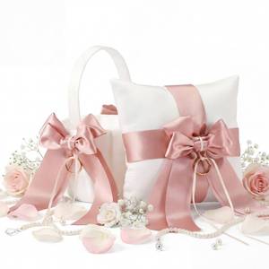 lot 6009 image: Ferrochef 2 Pcs Flower Girl Baskets and Ring Bearer Pillow Set Pink Satin Bowknot Flower Baskets White Ring Bearer Pillow Ivory Satin Wedding Fairy Decor for Wedding Party Ceremony