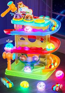 lot 6020 image: 2-in-1 Rolling Ball & Car Ramp Race Track for Toddlers, Hammer Ball Drop Toy for Boys & Girls, Interactive Toys wSensor Lights - Montessori STEM Learning Toys - Brithday Gift for Kids 1-5 Year Old