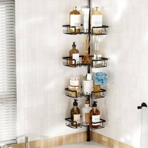 lot 6022 image: THKVESN Corner Shower Caddy Tension Pole Adjustable 29-124 Inch, 4 Tier Rustproof Shower Organizer Shelf Rack, Quick Installation Bathroom Storage Shower Caddy Corner Pole, Black