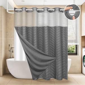 lot 6037 image: FADOTY No Hook Shower Curtain and Snap in Liner Set Grey Tufted Chevron Striped Cloth Waterproof Washable Fabric Boho Gray Bath Curtain with See Through Mesh Top Window for Bathroom Hotel 71 x 74