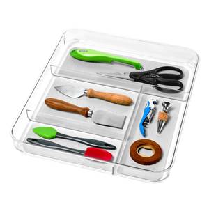 lot 6049 image: madesmart Premium 4 Compartment Drawer Organizer, Multi Purpose Storage for Utensils, Office Tools, Cords, & Small Household Items, Tech Accessories, Arts & Crafts Supplies, Non Slip Lining, Clear