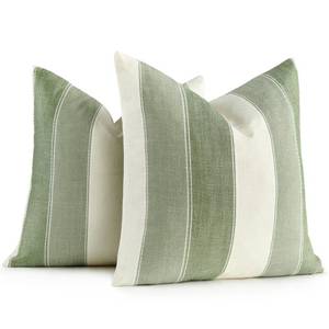 lot 6062 image: AmHoo Pack of 2 Farmhouse Stripe Check Throw Pillow Covers Set Case Cotton Linen Decorative Pillowcases Cushion Cover for Couch Bench Sofa 18x18 Inch Sage Green