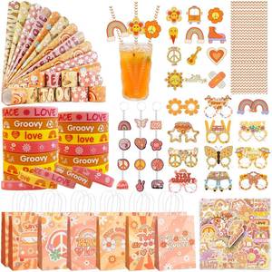 lot 6074 image: VAMWOGO Groovy Party Favors Hippie Retro Boho Themed Birthday Party Decorations Supplies Include Keychains Bracelets Goodie Bags Stickers Game Toy Set Gifts for Pinata Filler