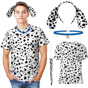 lot 6080 image: Toulite 4 Pcs Dog Dalmatian Costume for Adult Include Shirt Leather Collar Dog Ears Headband Tail Halloween Cosplay Party(Blue)