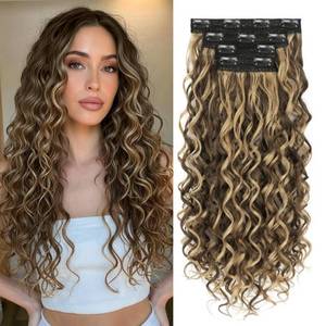 lot 6084 image: Flvaco Curly Clip In Hair Extensions, 4PCS 20 Inch Chocolate Brown with Highlights Extensions Clip Ins, Lace Weft Short Curly Invisible Natural Hairpieces for Women