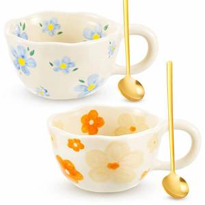 lot 3504 image: Vesici 2 Pcs Ceramic Coffee Mugs with Spoon, Vintage Floral Spring Mugs with Handle, 8.5 oz Aesthetic Flower Porcelain Tea Cup Set, Dishwasher & Microwave Safe for Home Office Gift(Vivid)
