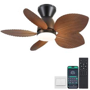 lot 3519 image: Kviflon Tropical Ceiling Fans with Lights and RemoteAPP Control, 30 Inch Low Profile Flush Mount Ceiling Fans, Palm Leaf Ceiling Fan with Light for Small Room Indoor Outdoor, Brown